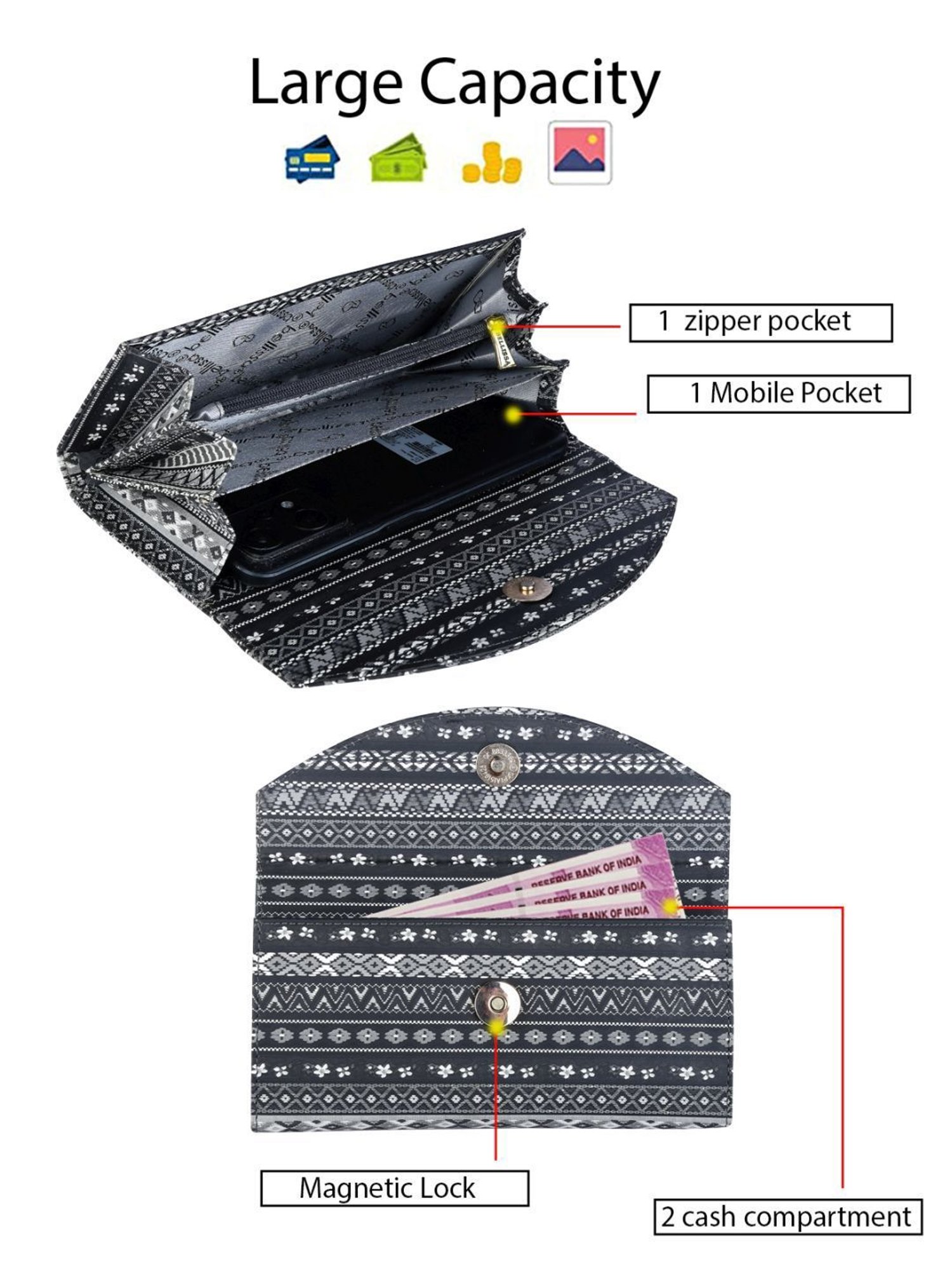 Bellissa Black Printed Premium Bi-Fold Wallet for Women