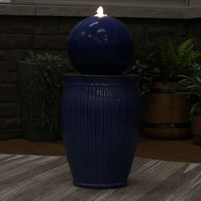Sunnydaze 29"H Electric Glazed Blue Ceramic Orb on Pedestal Outdoor Water Fountain with LED Light