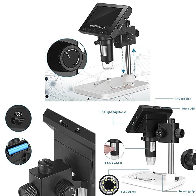 LCD Digital Microscope  43 inch 500X1000X Magnification USB Microscope Magnifier with 8 Adjustable LED Light Rechargeable Handled Microscope Camera for Children Lab Edu Naturalist