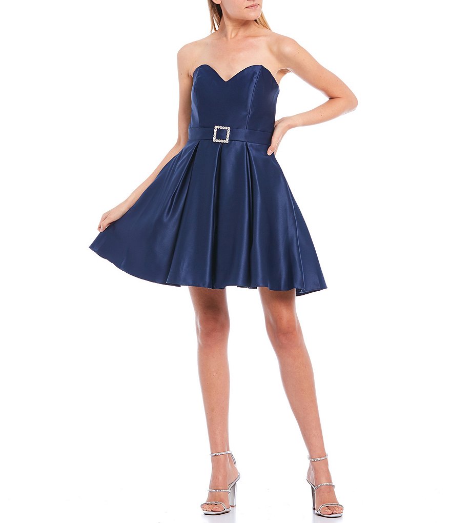Blondie Nites Strapless Sweetheart-Neck Embellished Buckle Belted Waist Satin Fit-and-Flare Dress