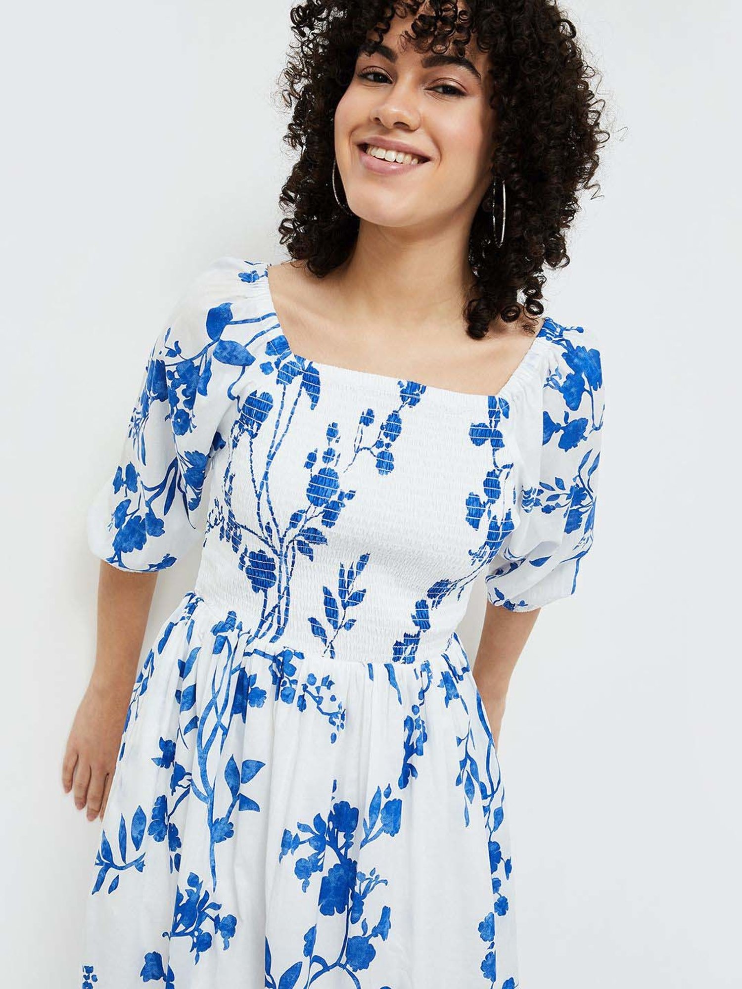 Colour Me by Melange White Cotton Printed A-Line Dress