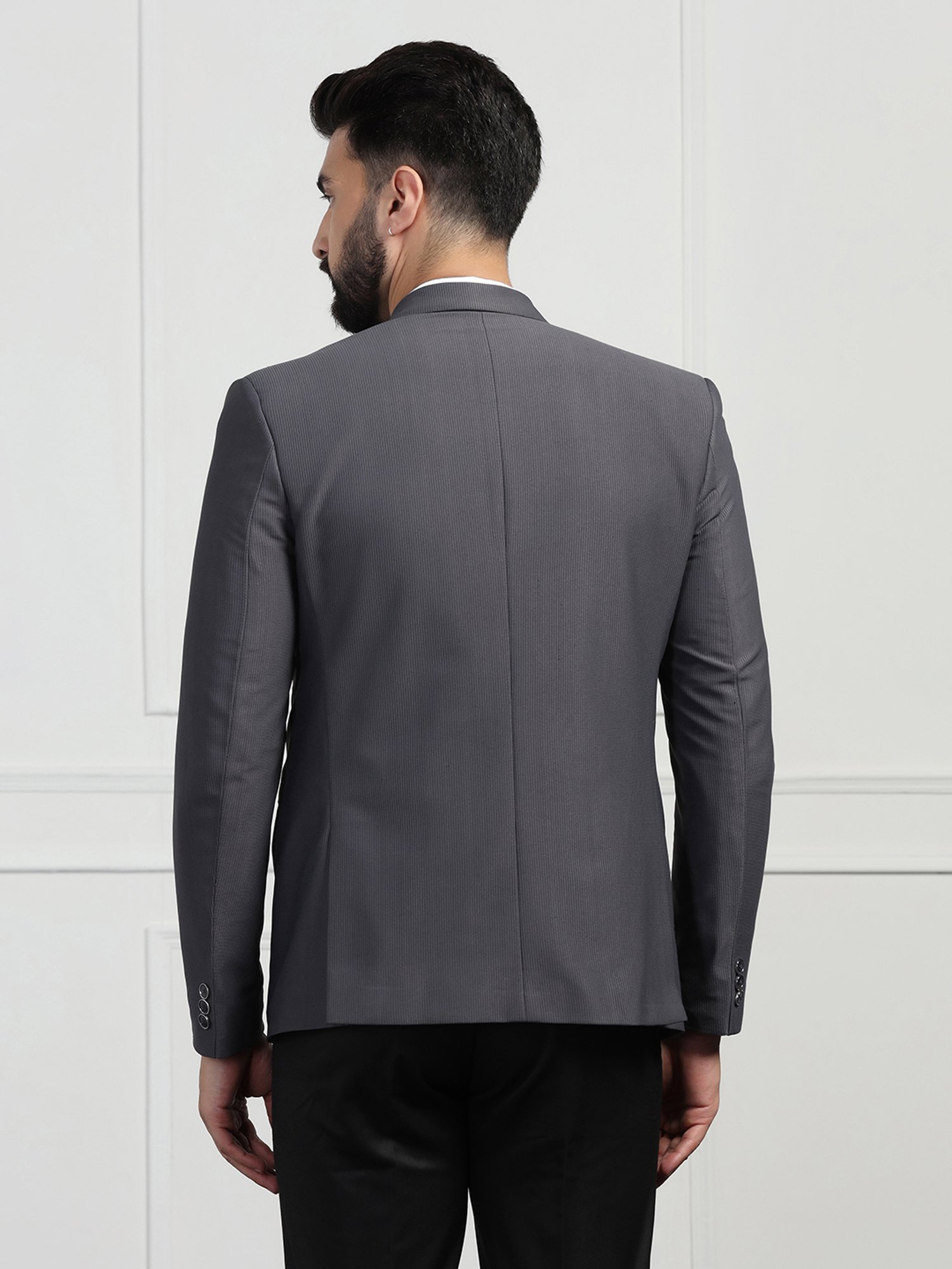 TAHVO Dark Grey Regular Fit Self Design Corduroy Blazer