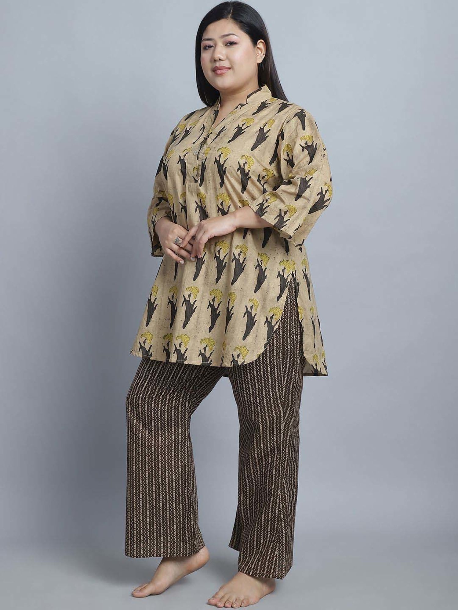 TAG 7 Brown Cotton Printed Top Pyjamas Set