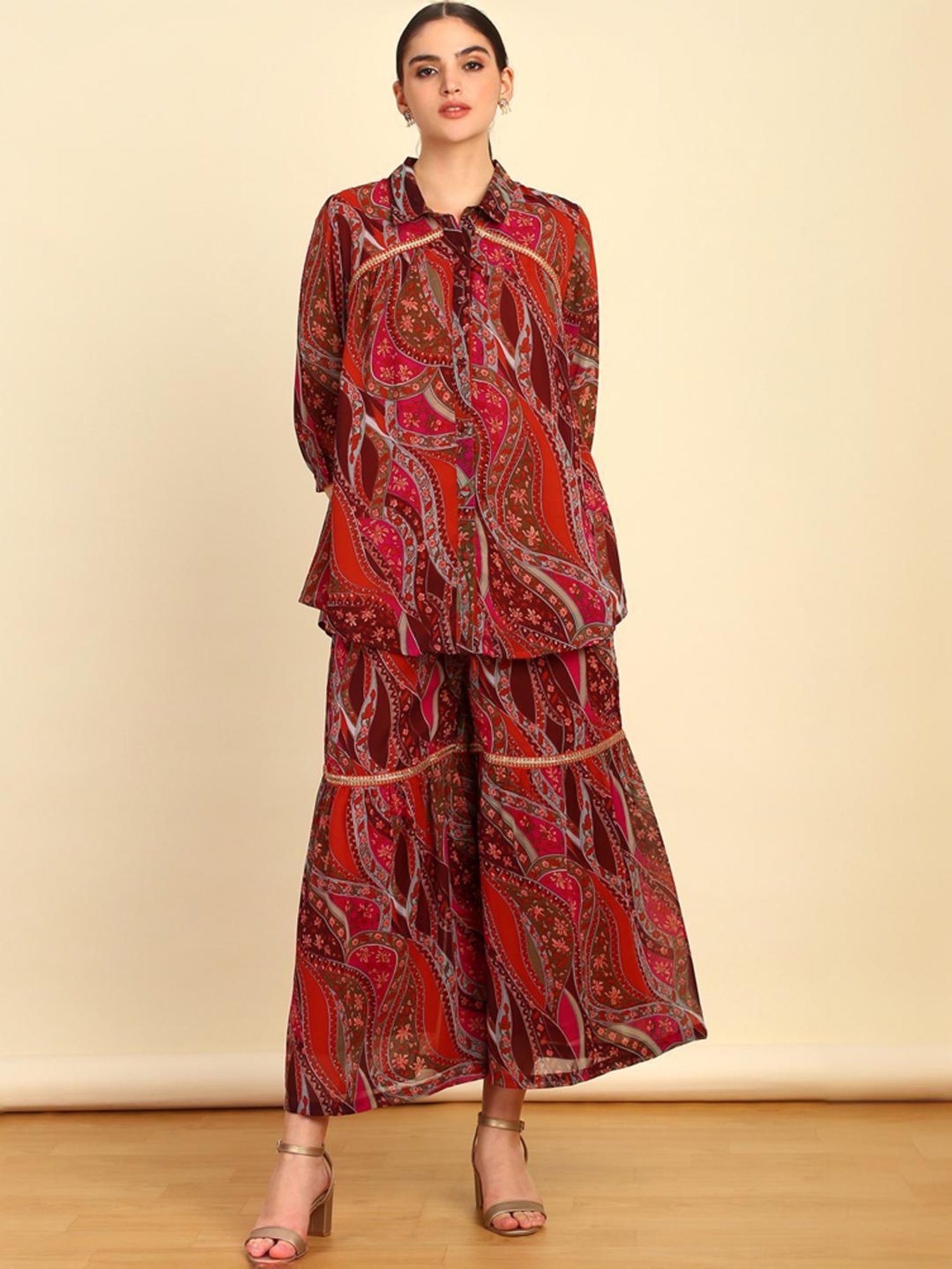 Soch Womens Fuchsia Floral Print Georgette Blend Co-Ord Set With Sequins