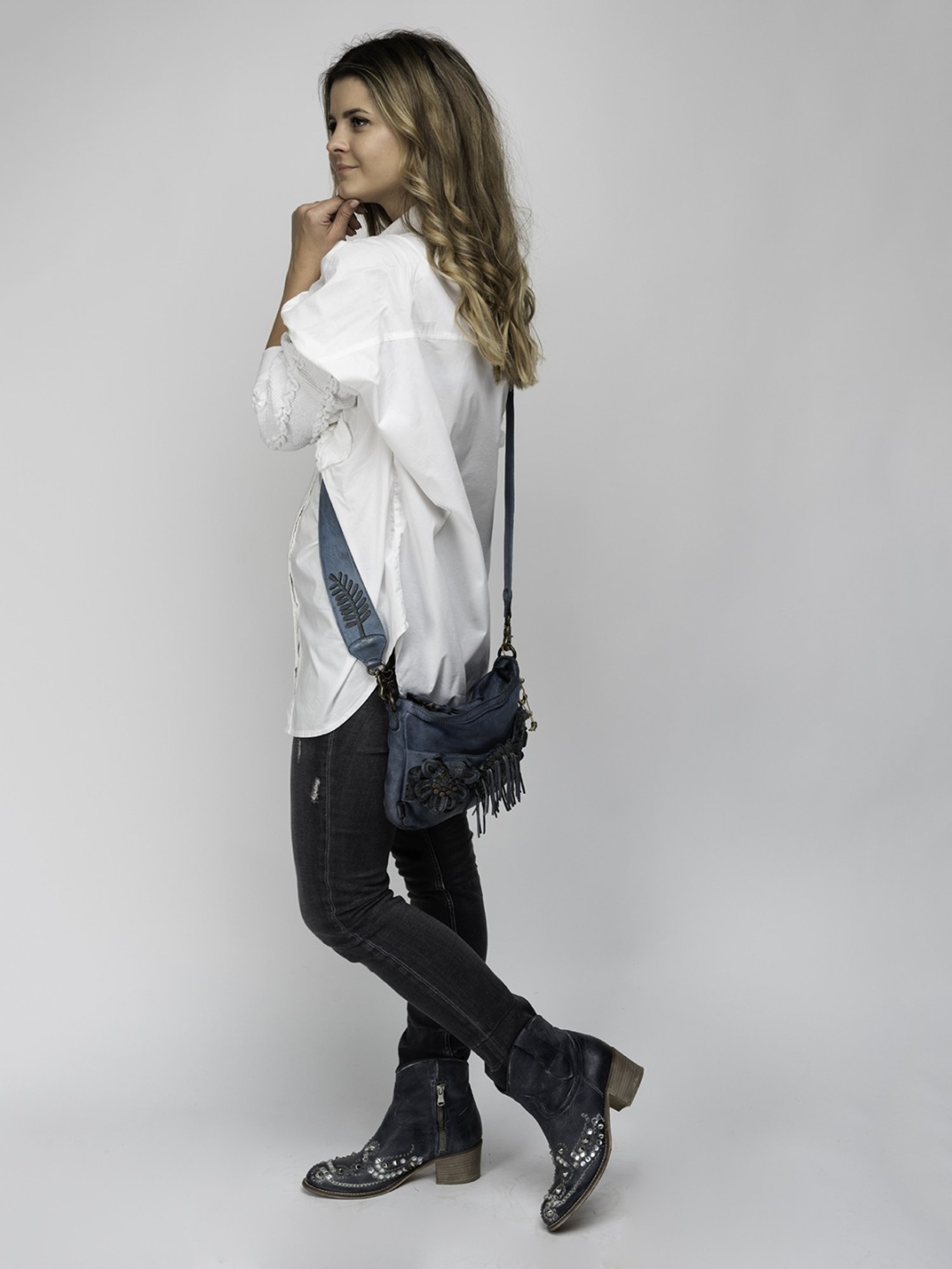 Art N Vintage Fresia Blue Leather Floral Small Sling Handbag