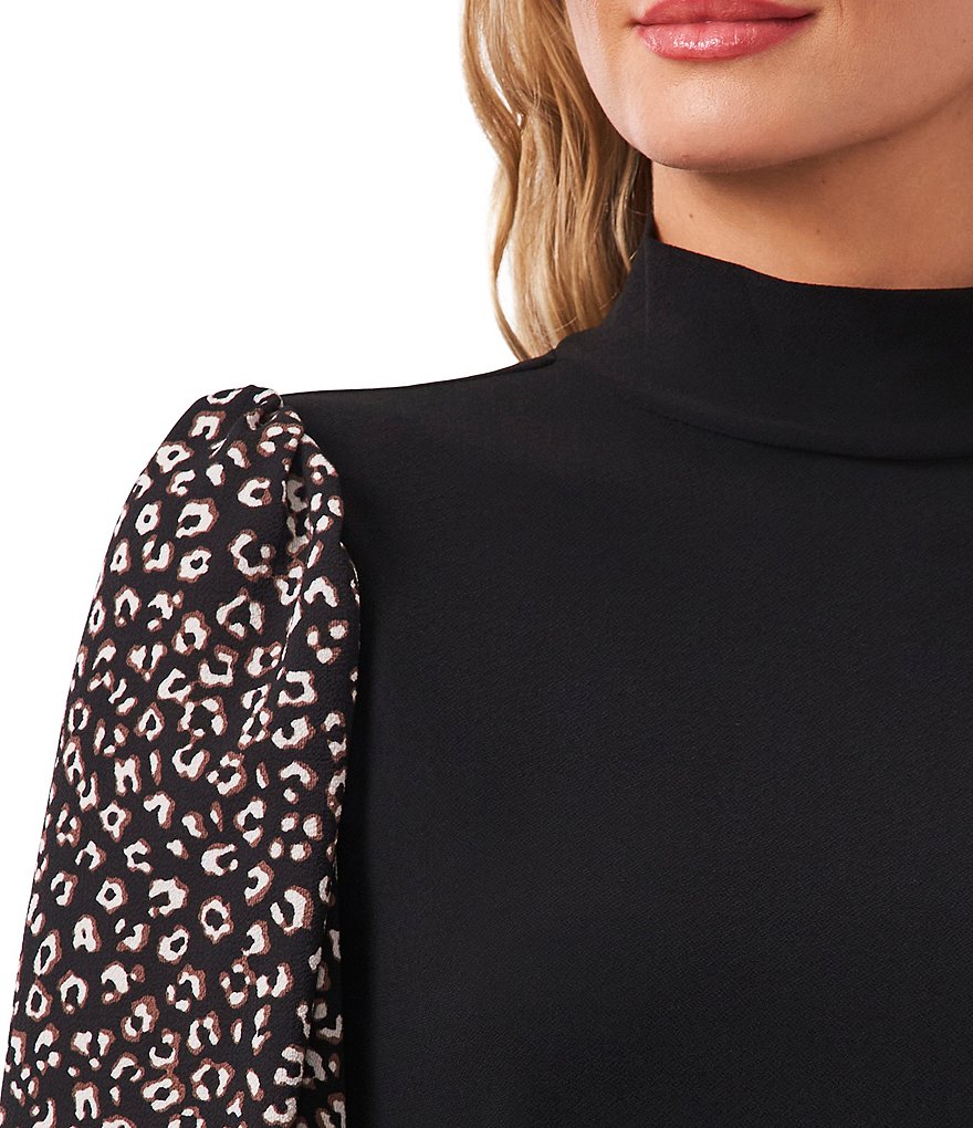 CeCe Leopard Cluster Print Long Sleeve Mock Neck Knit Blouse