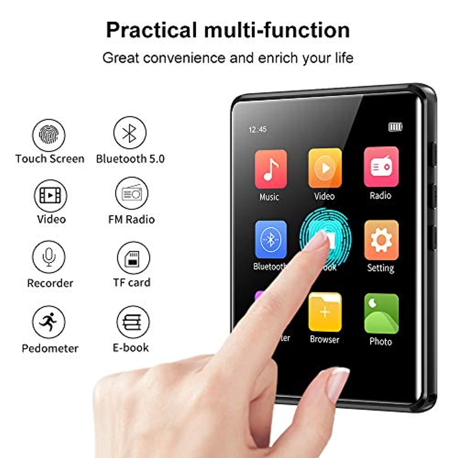 MP3 Player with Bluetooth 5.0, 2.8" Full Touchscreen 16GB Mp3 Player, HiFi Lossless Sound Music Player with Headphones, Built-in Speaker, FM Radio, Voice Recorder, E-Book, Expandable up to 128GB