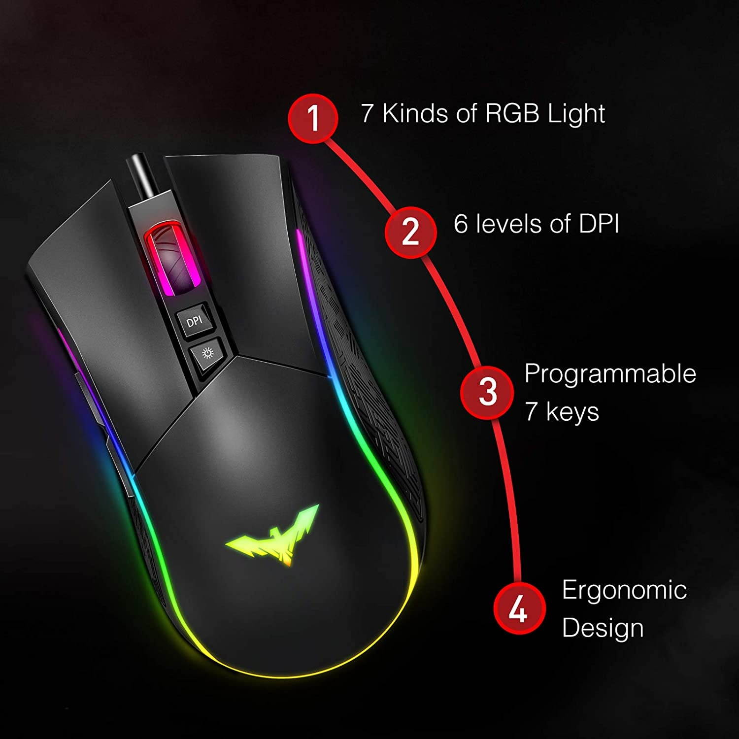 Havit RGB Gaming Mouse Wired Programmable Ergonomic USB Mice 4800 Dots Per Inch 7 Buttons & 7 Color Backlit for Laptop PC Gamer Computer Desktop (Black)