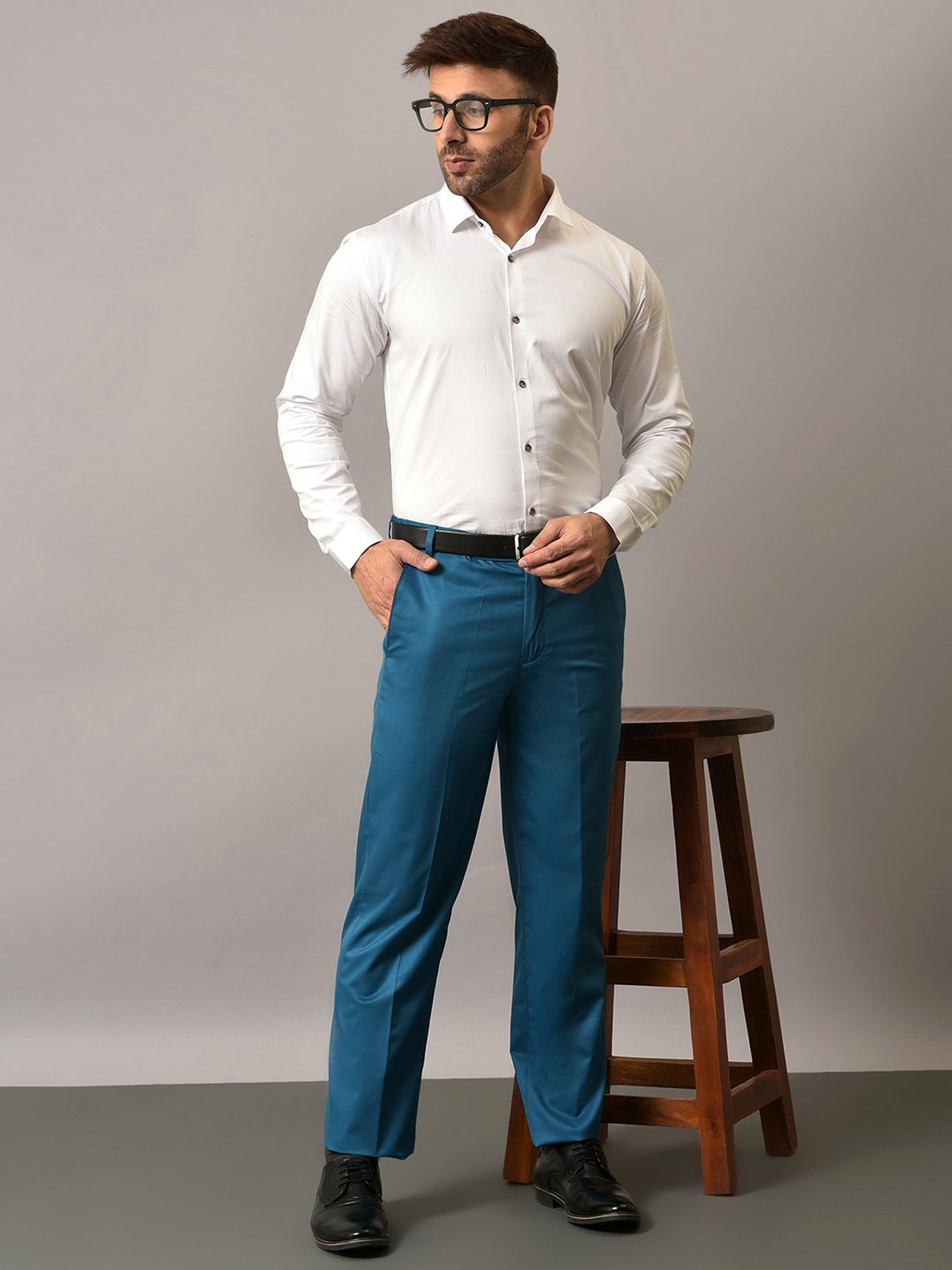 Hangup Teal Regular Fit Flat Front Trousers