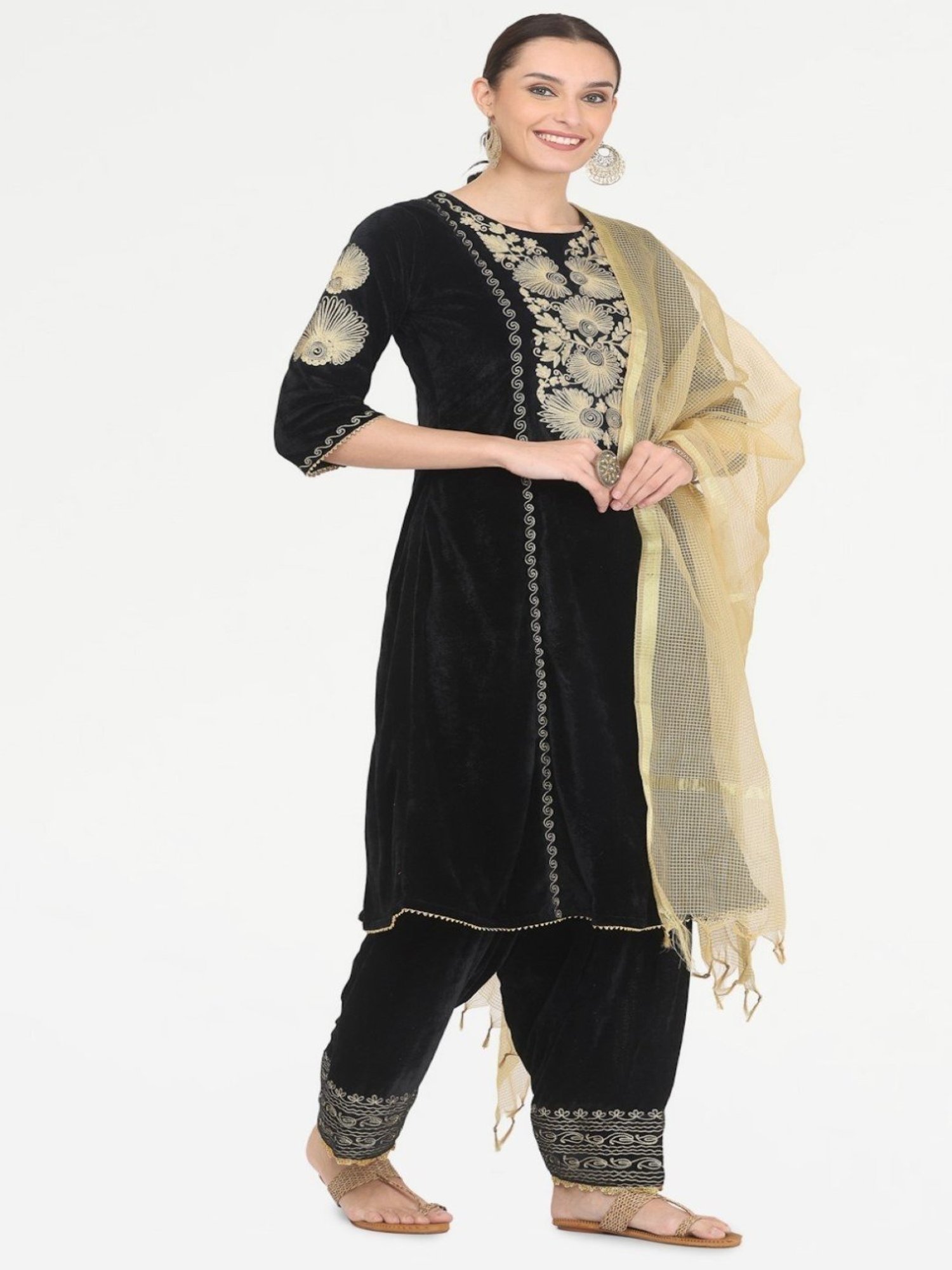 Kaanchie Nanggia Black Embroidered Kurta Salwar with Chanderi Dupatta
