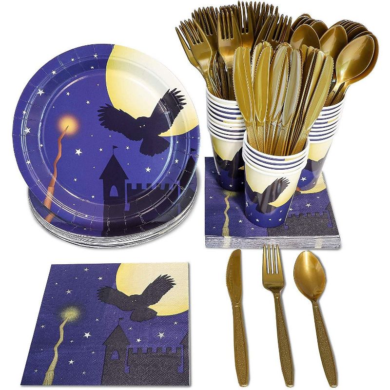 Blue Panda 144 Piece Halloween Disposable Party Dinnerware Pack Serves 24 - Plates, Napkins, Cups & Cutlery