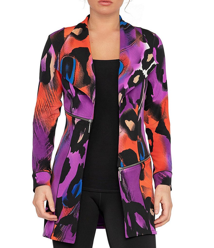 Eva Varro Animal Print Knit Wing Collar Open-Front Long Jacket