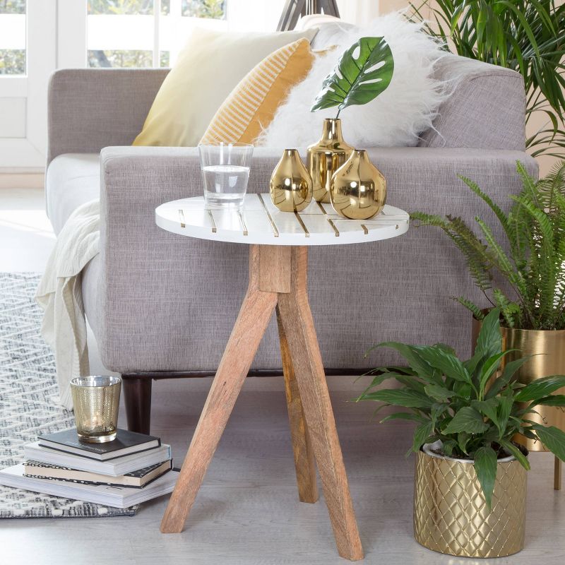 Amari Round Side Table with Brass Inlay Top White - Adore Decor