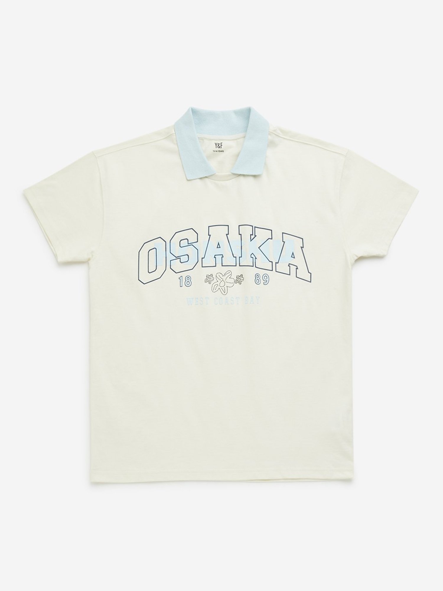 Y&F Kids by Westside Off-White Text Print Collared Cotton T-Shirt