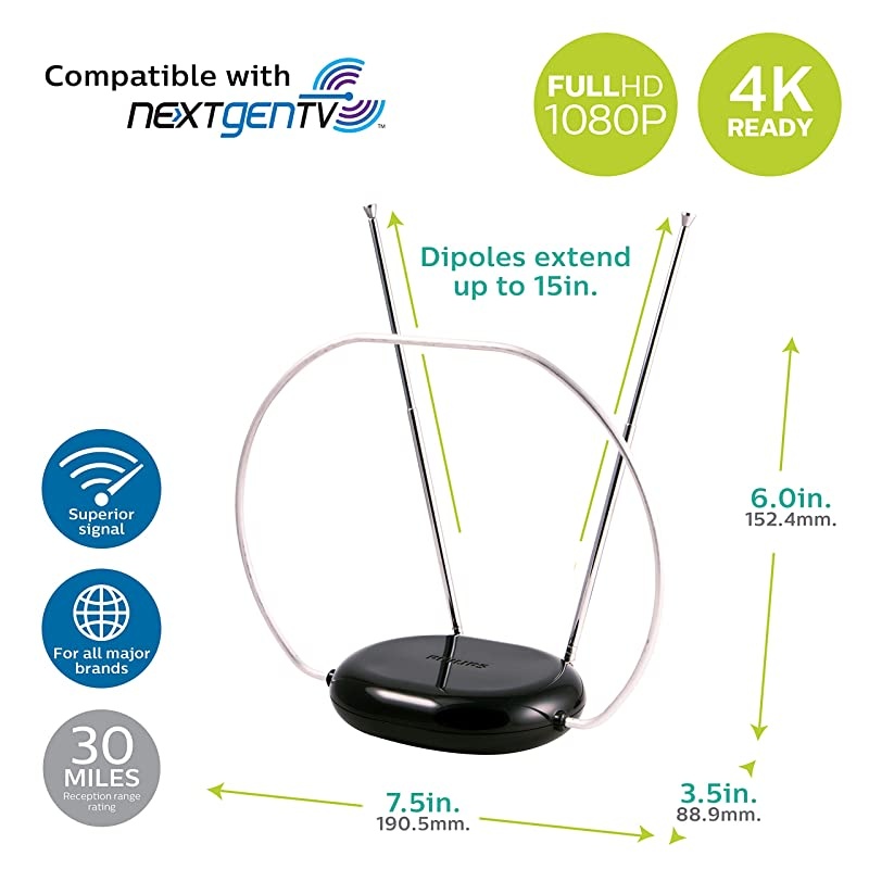 Rabbit Ears Indoor TV Antenna Dipoles and Circular Loop Tabletop Antenna Digital Smart TV Compatible HDTV Antenna 4K 1080P VHF UHF 5Ft Coaxial Cable Black SDV8201B27