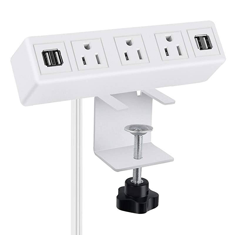 AC Outlet Desk Clamp Power Strip White Desk Mount USB Charging Power Station Removable Desktop Edge Power Center Plugs Output 125V60HZ12A1500W USB 5V4A 656FT Cable