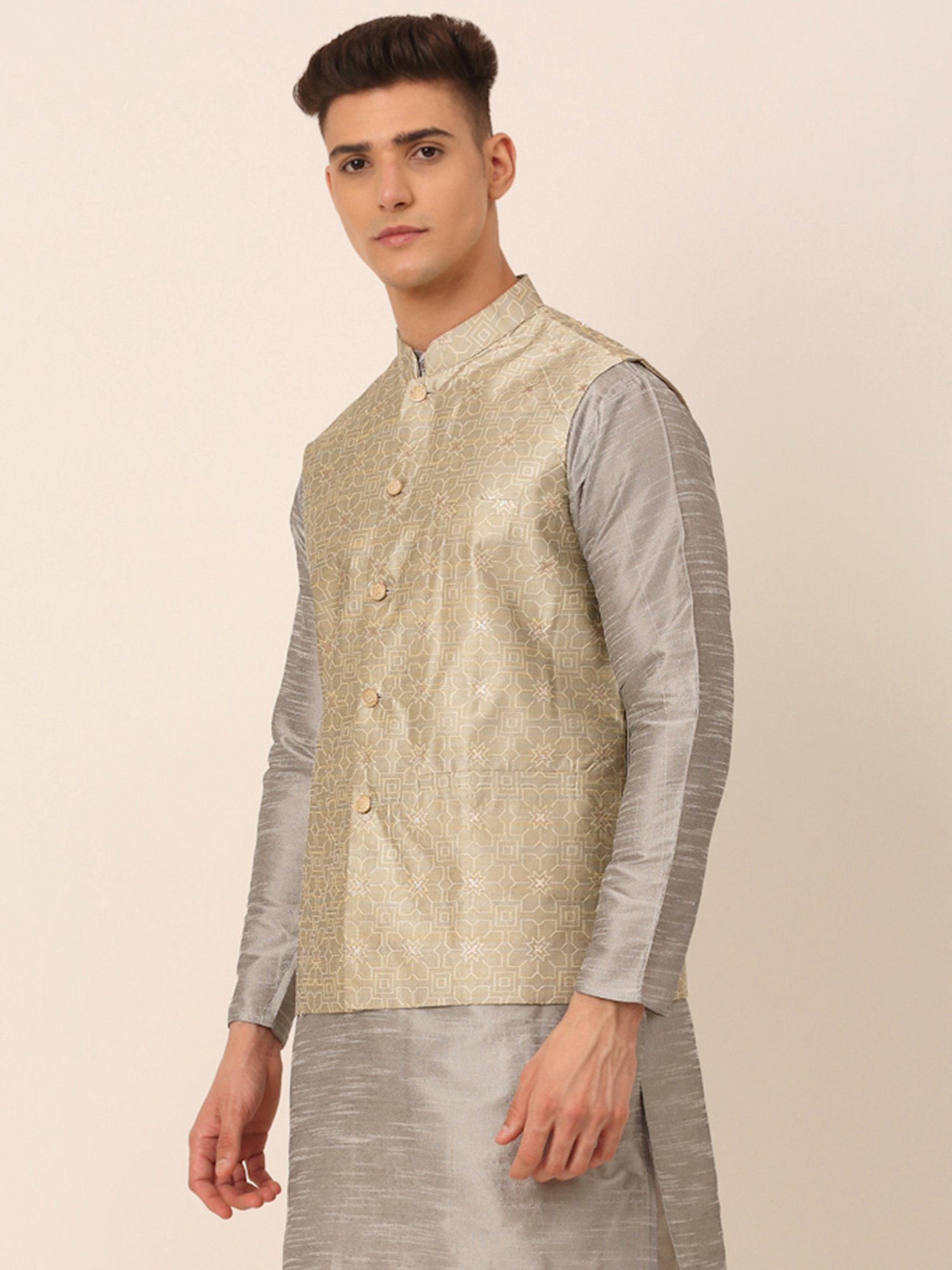 Jompers Beige Regular Fit Embroidered Nehru Jackets