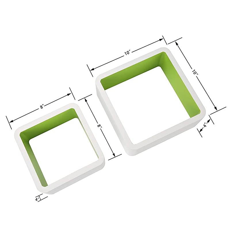 Set of 2 Cube Floating Shelves Wood Wall Shelves for Home Decoration Storage Display Rack White+Green