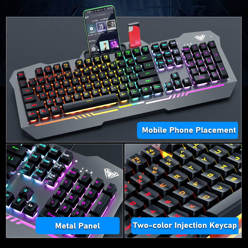 AULA F3010 Wired Gaming Keyboard 26 Keys Anti-ghosting Ergonomic Metal Panel Mix Backlit LED Gamer Keyboard for Desktop Laptop