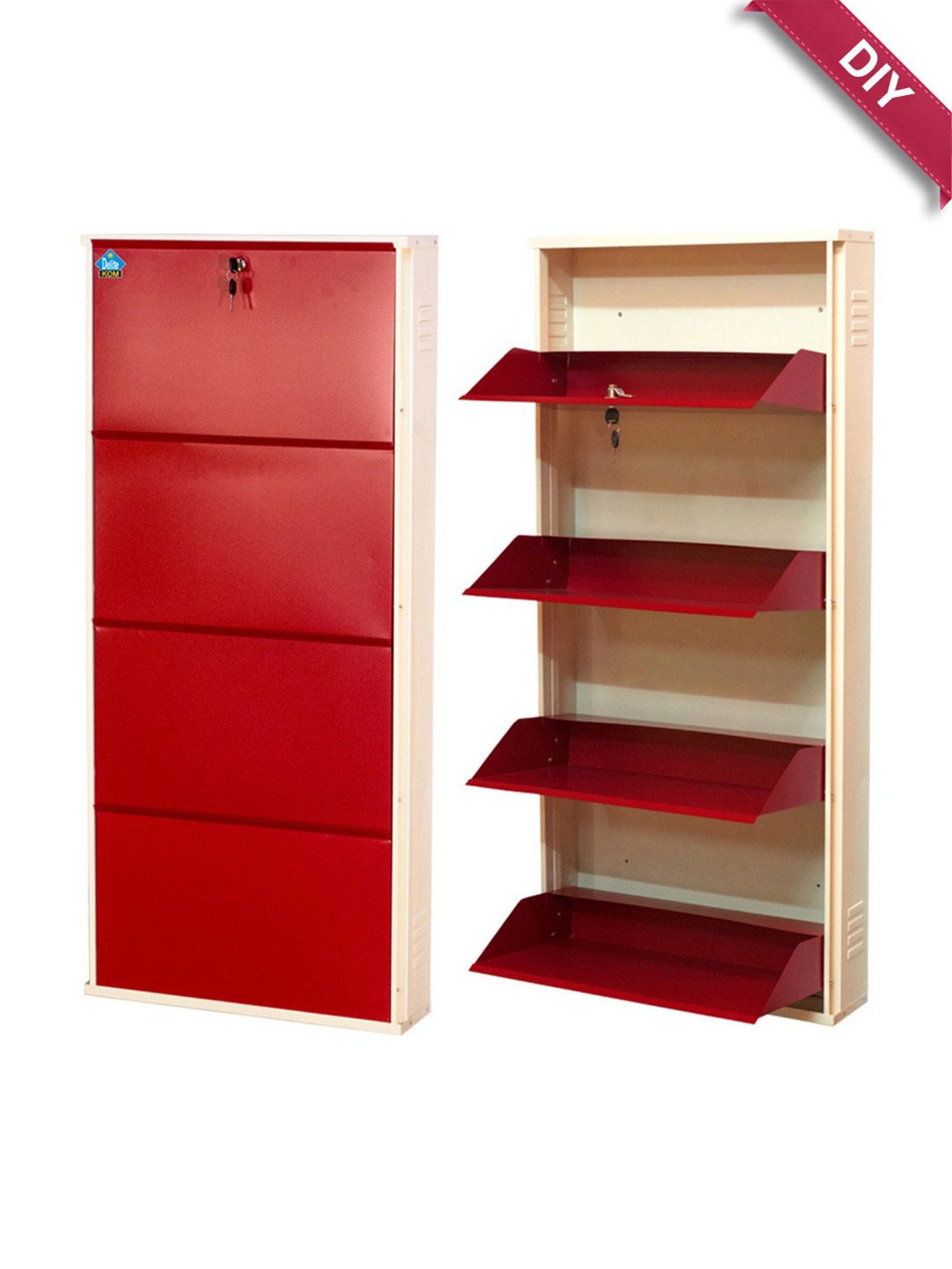 Delite Kom Metal Shoe Rack - 24" 4 Shelf, Ivory Brick Red, PowderCoat, Wall Mount, DIY