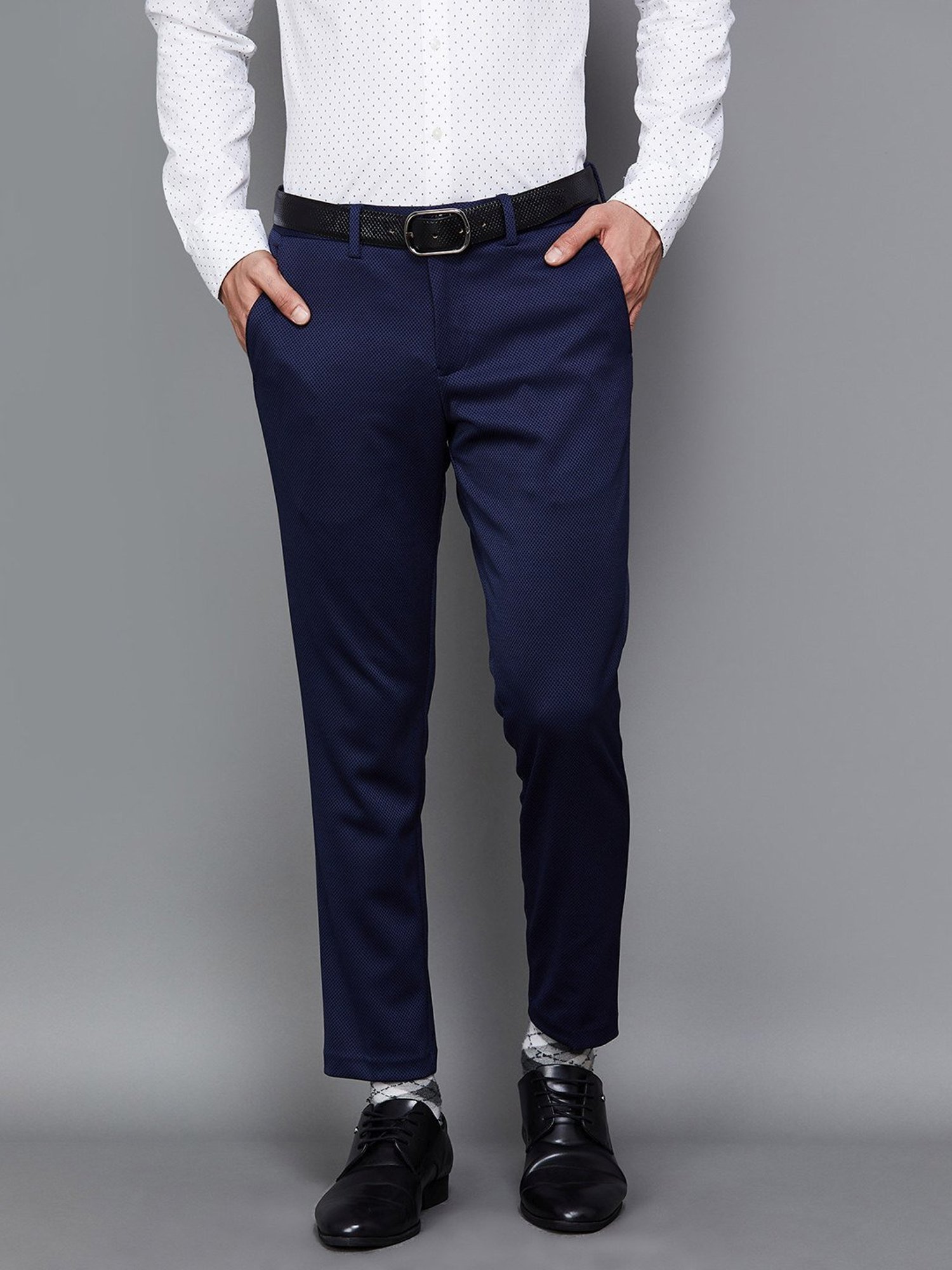 Code by Lifestyle Blue Regular Fit Self Pattern Trousers