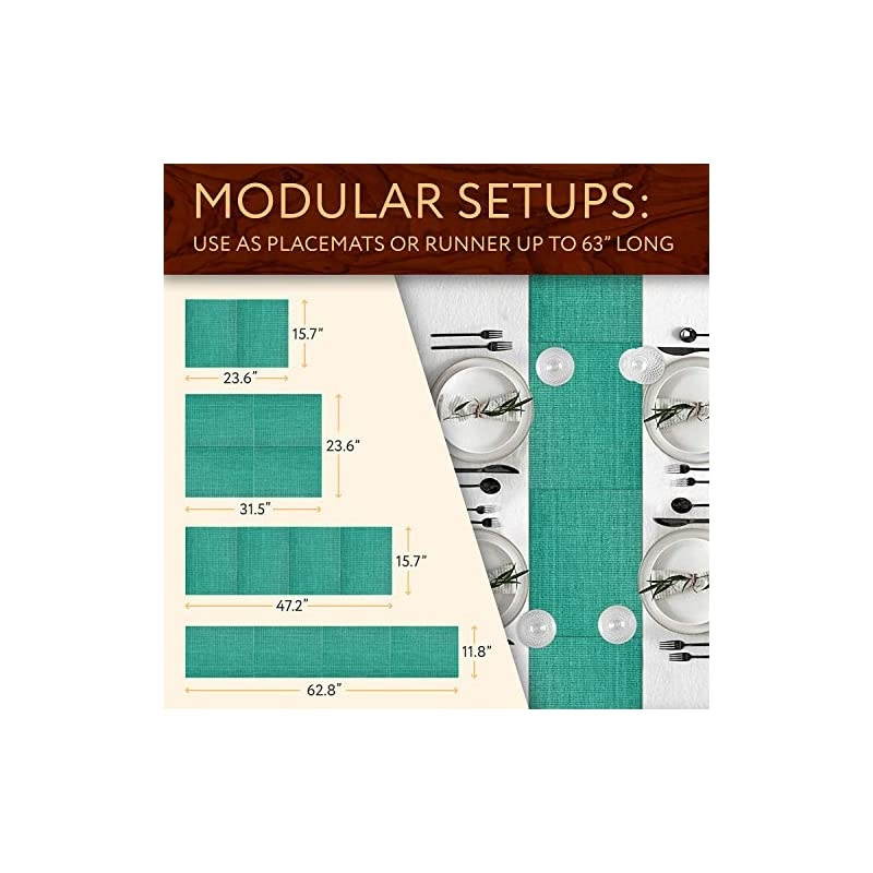 Decorative Modular Trivet Runner for Table 6 pcs Placemats Extendable Hot Pad, with Coasters Heat-Resistant Surface, for Hot Plates, Pots, Dishes, Cookware for Kitchen (Turquoise)