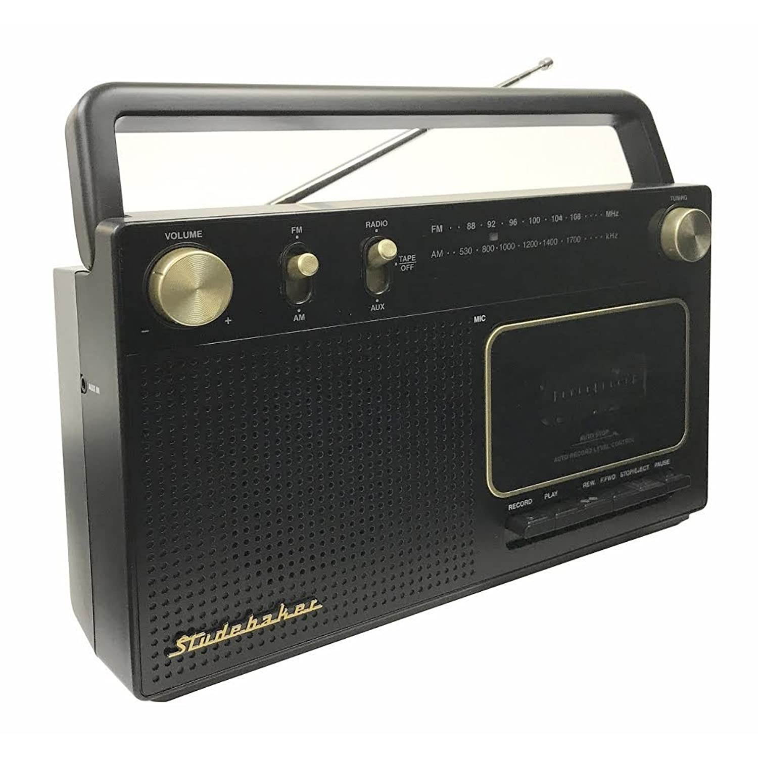 Studebaker Portable Retro Home Audio Stereo AM/FM Radio & Cassette Player/Recorder with Aux Input Jack & Built in Speakers (Gold)