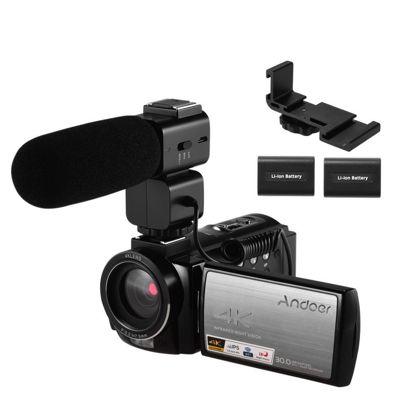 Andoer HDR-AE8 4K WiFi Digital Video Camera Camcorder DV Recorder 30MP 16X Digital Zoom IR Night Vision 3 Inch IPS LCD Touchscreen with 2pcs Rechargeable Batteries +   External Microphone + Cold Shoe