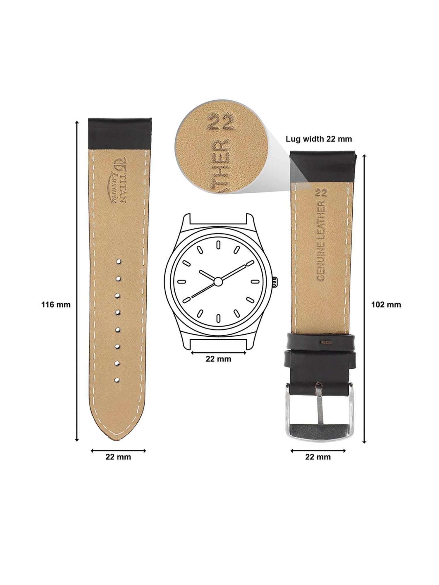 22MM BLACK Titan Genuine Leather Strap for MEN