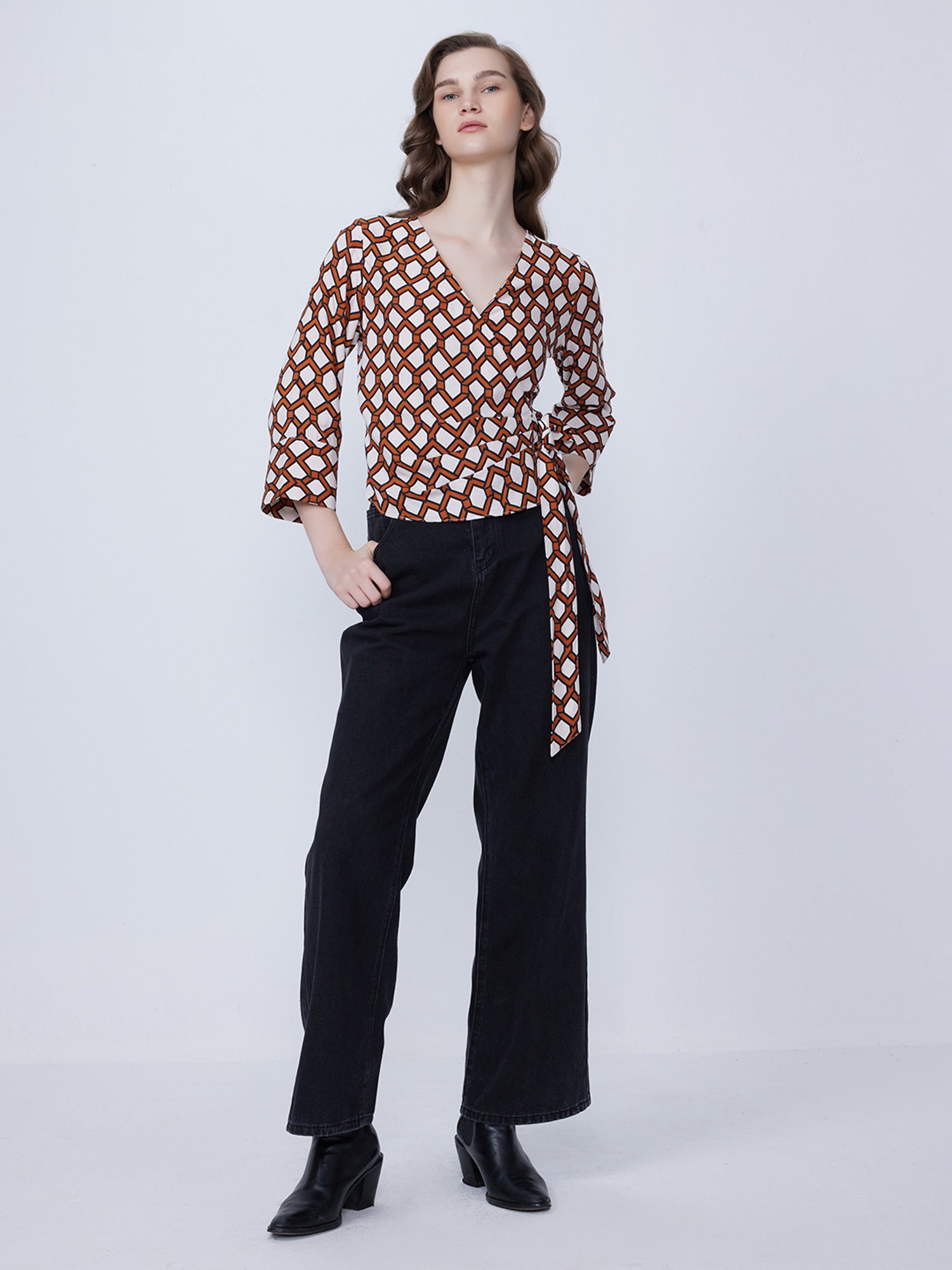 Cover Story White & Brown Printed Crop Top