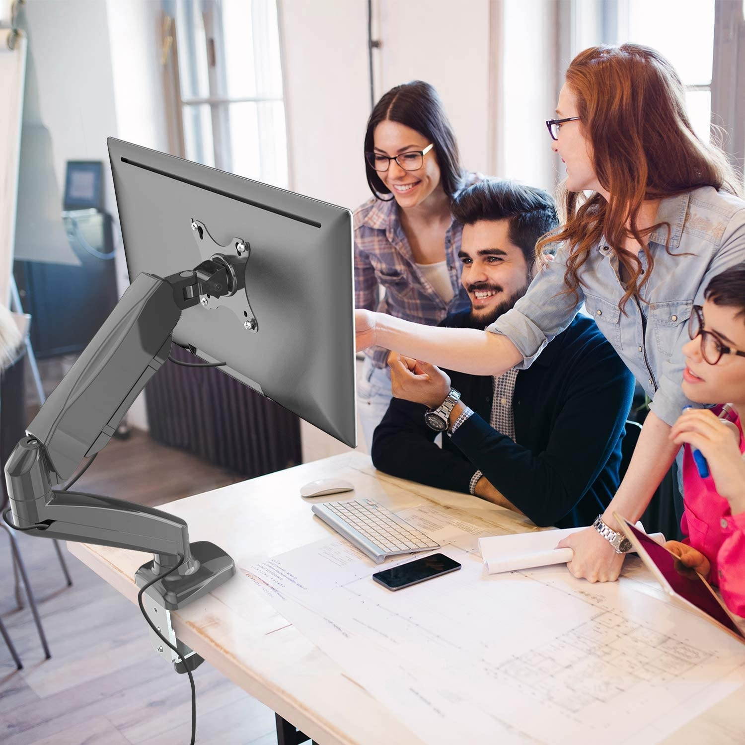 Single Monitor Desk Mount - Articulating Gas Spring Monitor Arm, Adjustable VESA Mount with C Clamp, Grommet Mounting Base, Computer Monitor Stand for Screen up to 32 inch