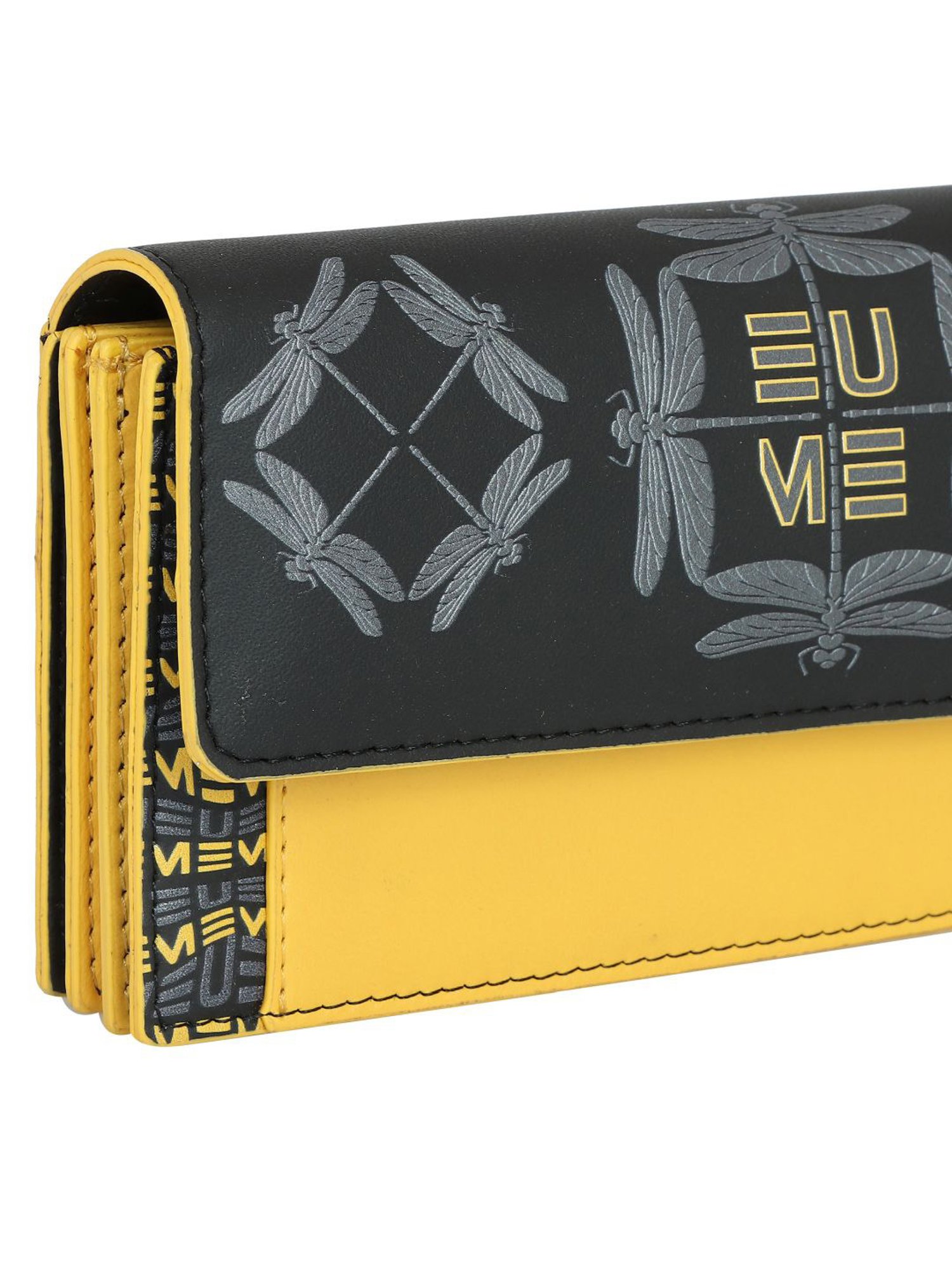 Eume Dragonfly Black Leather Printed Wallet
