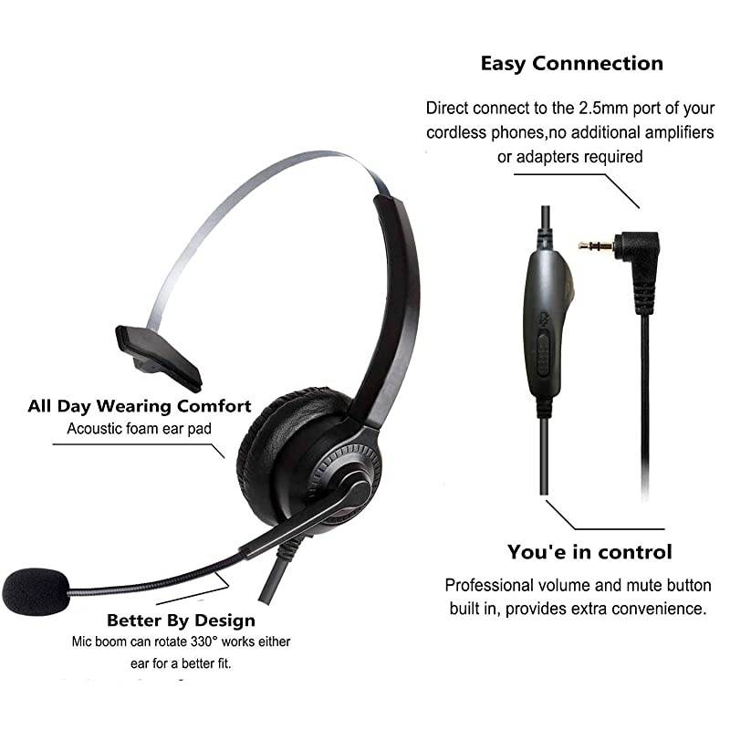25mm Telephone Headset Monaural with Noise Cancelling Microphone for DECT ATampT ML17929 Vtech Panasonic KXT7630 Polycom Clarity XLC34 Office IP and Cordless Dect PhonesT10