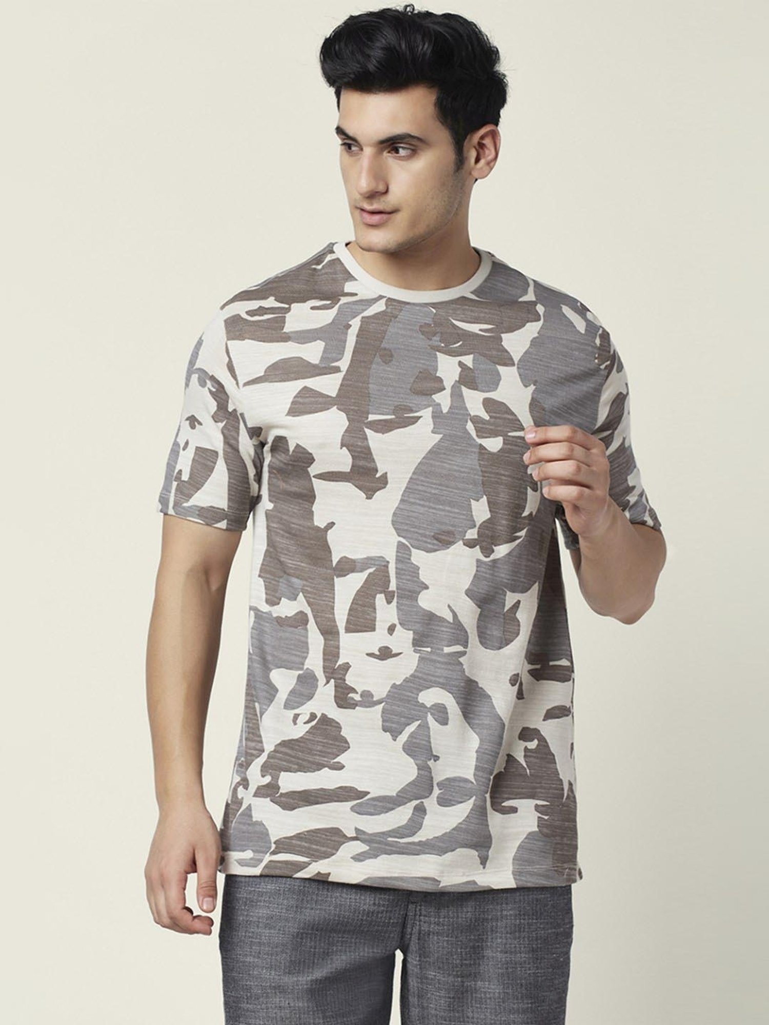7 Alt by Pantaloons Grey Cotton Relaxed Fit Camouflage T-Shirt