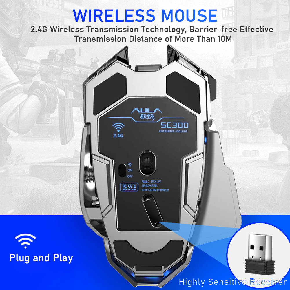 AULA SC300 2.4G Wireless Bluetooth Mouse 1200DPI USB Charging Mice 6 Buttons Ergonomic Optics Suitable for Desktop Laptop, Black