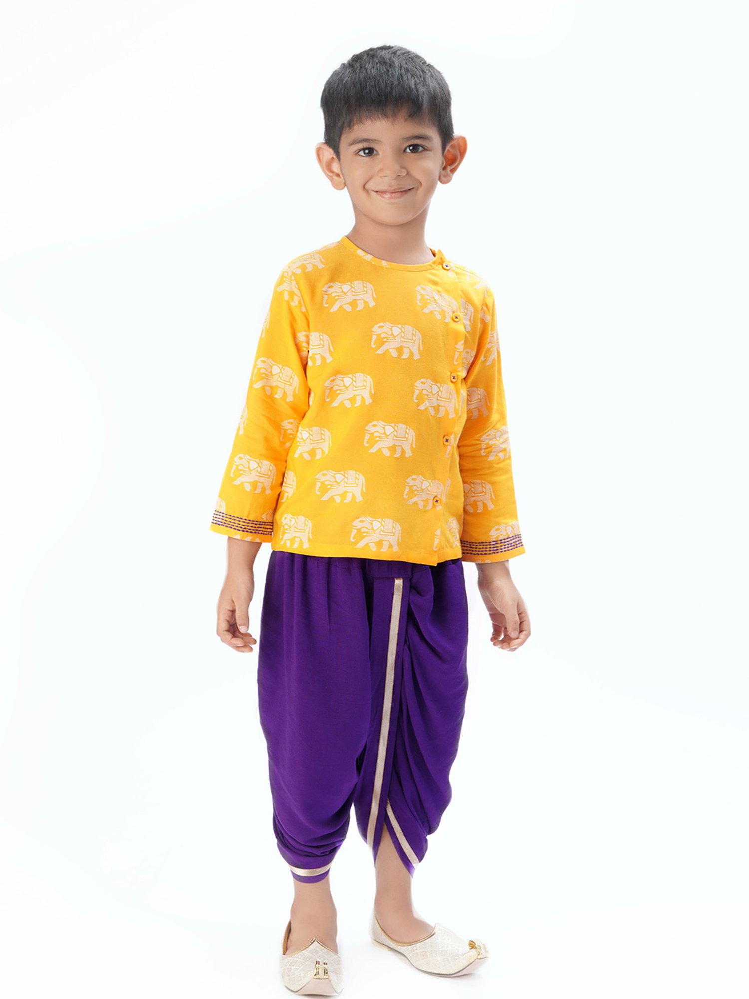 Lil Drama Kids Yellow & Purple Printed Full Sleeves Kurta with Dhoti
