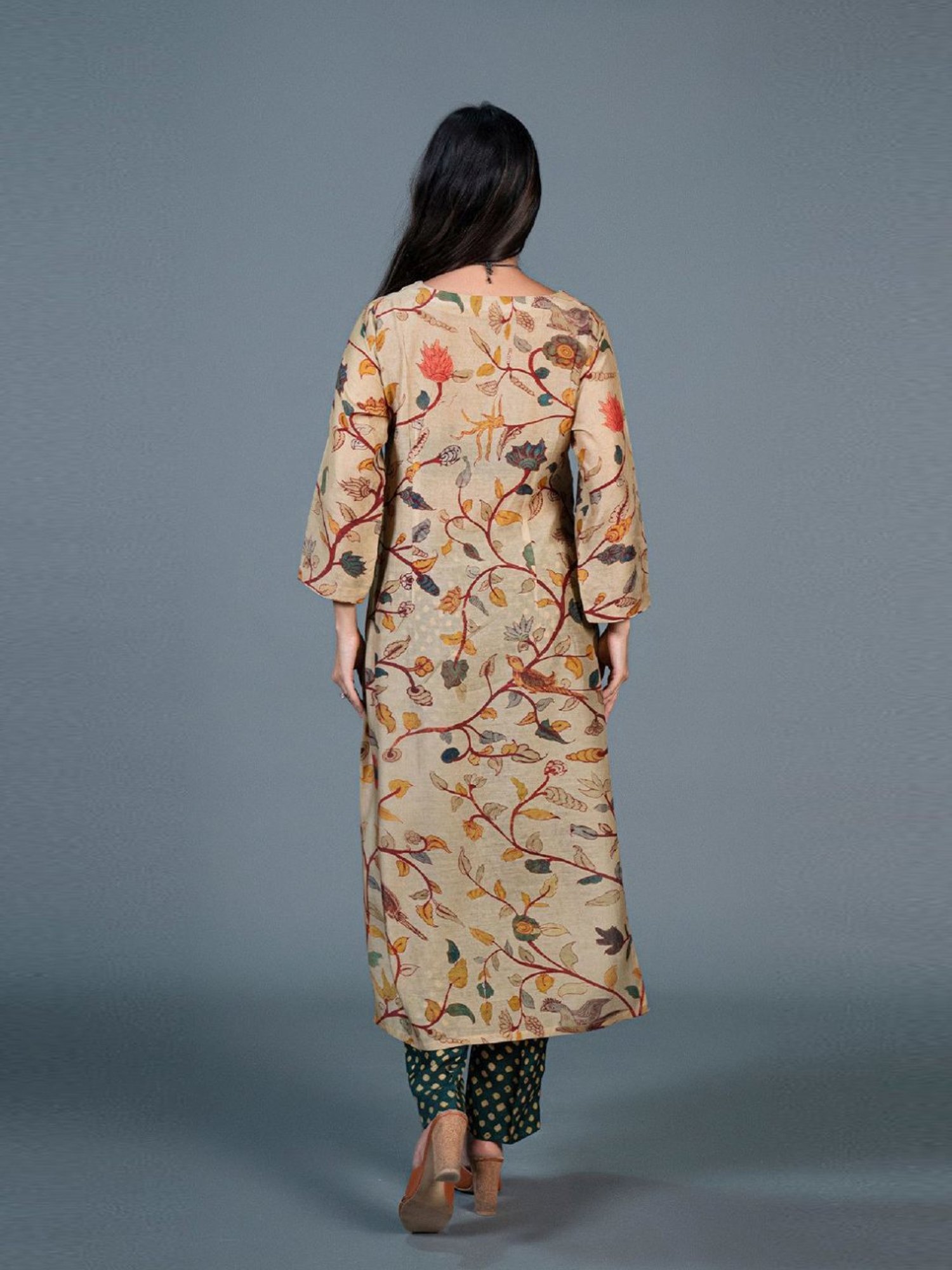 Eeshva India Beige Kalamkari Printed Kurta Pant Set