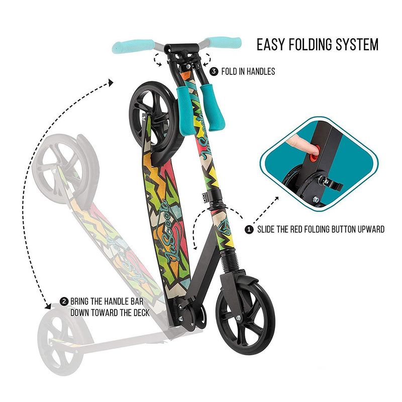 LaScoota Premium Adjustable Portable Folding Kick Scooter with Lightweight Wide Non Slip Deck and Carry Strap, Graphic