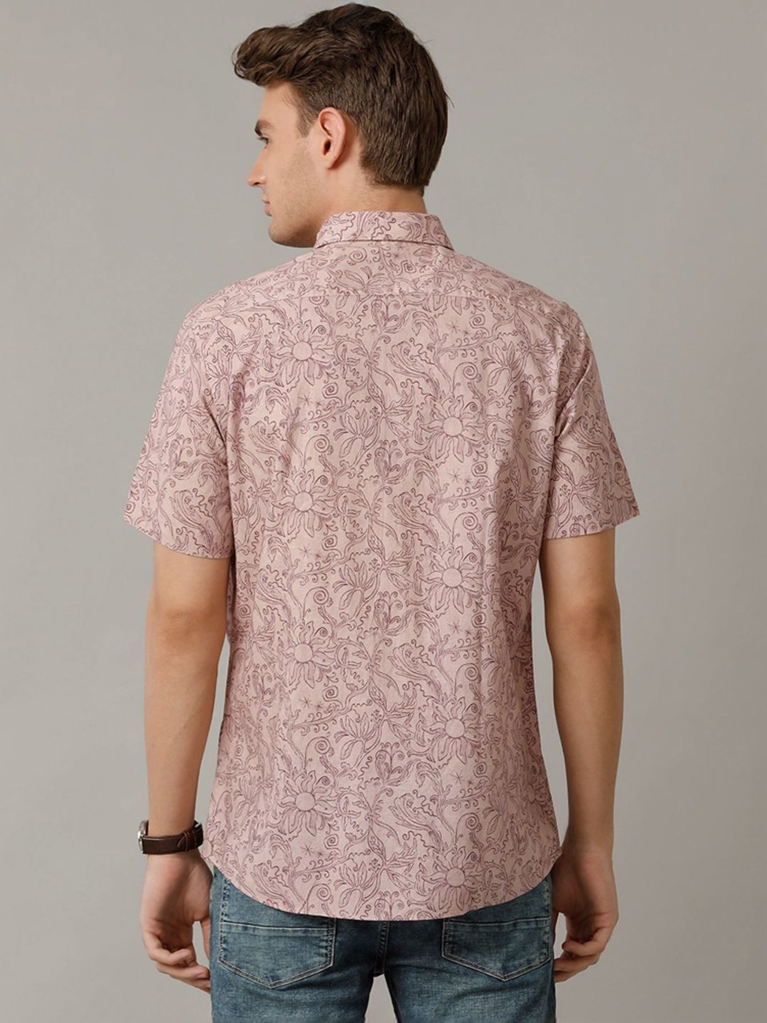 Cavallo By Linen Club Peach Linen Contemporary Fit Printed Shirt