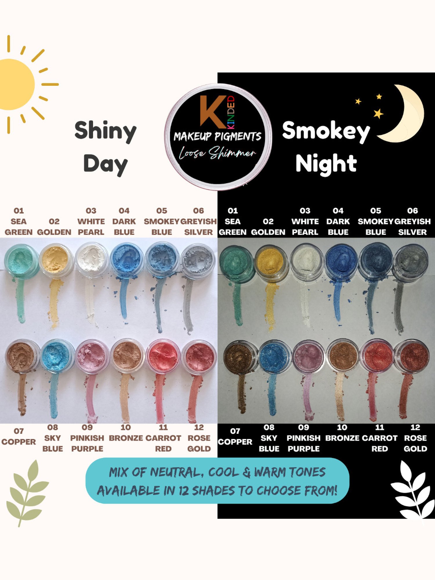 KINDED Makeup Pigments Loose Shimmer Powder Eyeshadow 01 Sea Green & 08 Sky Blue Combo