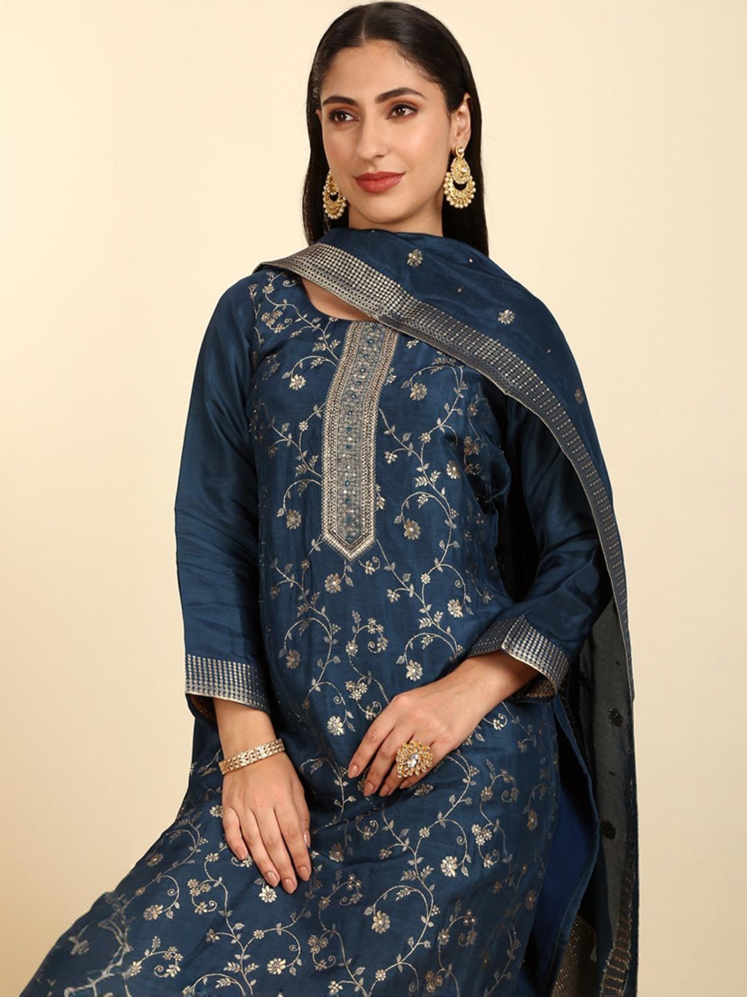 Soch Womens Navy Blue Silk Blend Zari Woven Unstitch Dress Material With Mirror & Cutdana