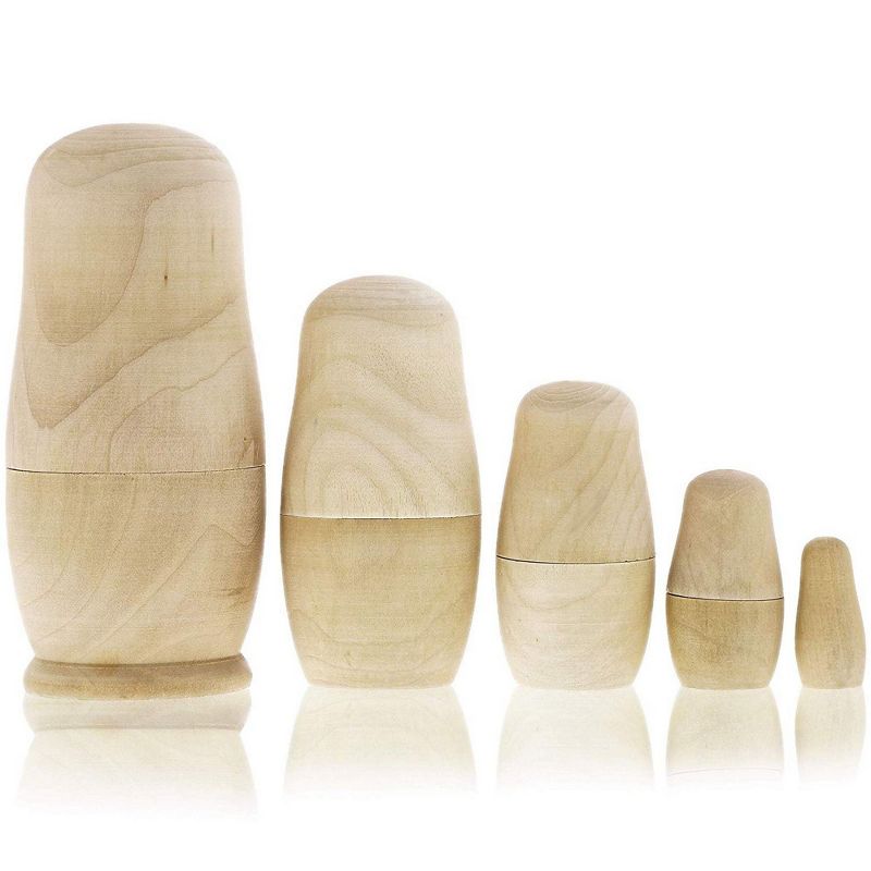 Genie Crafts Set of 5 Wooden Blank Unpainted Nesting Dolls, Paint Your Own Traditional Russian Matryoshka Doll for DIY Crafts, Painting, 5.5 inches