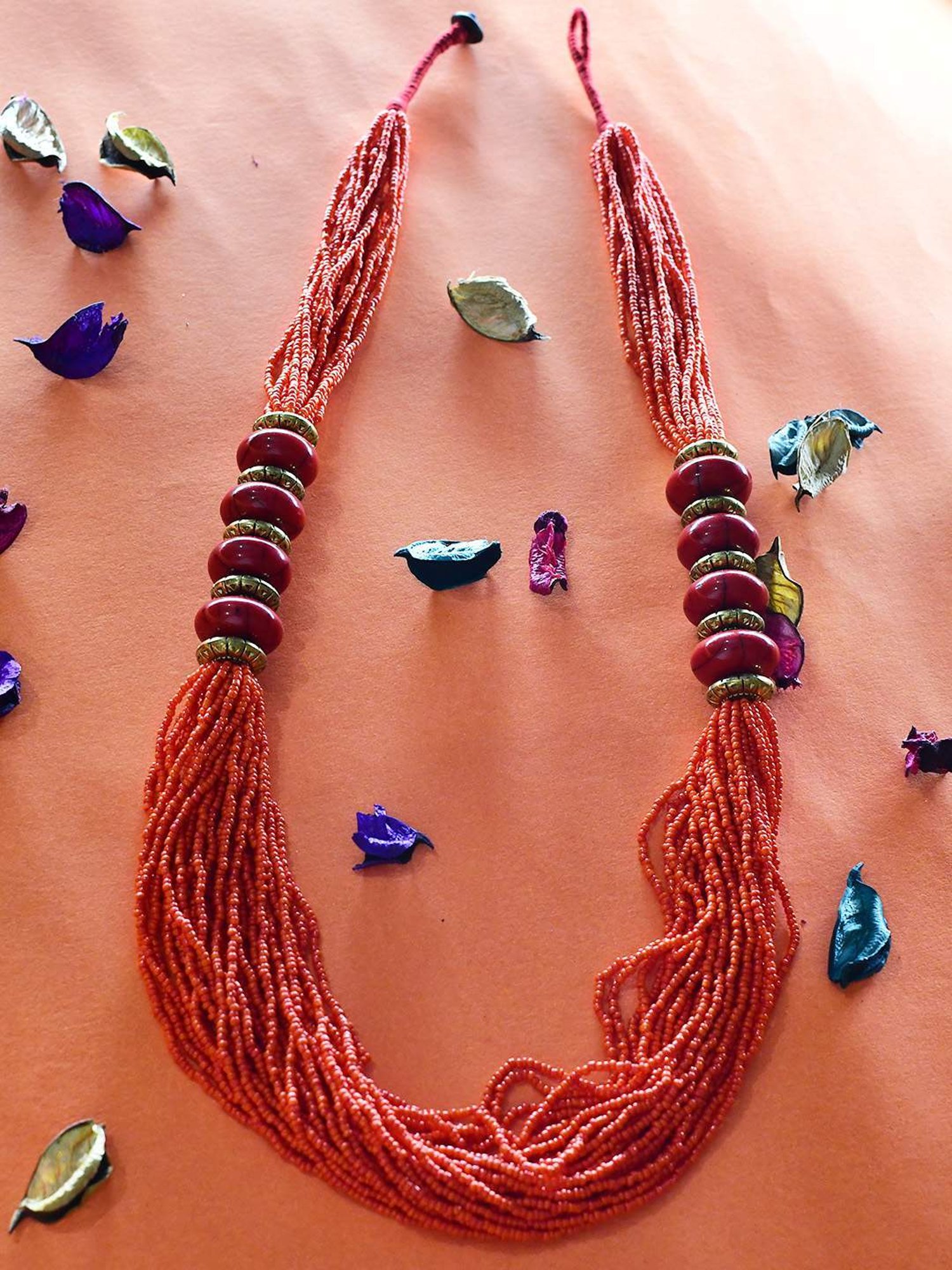 Imli Street Red Golden Long Beaded Handcrafted Necklace