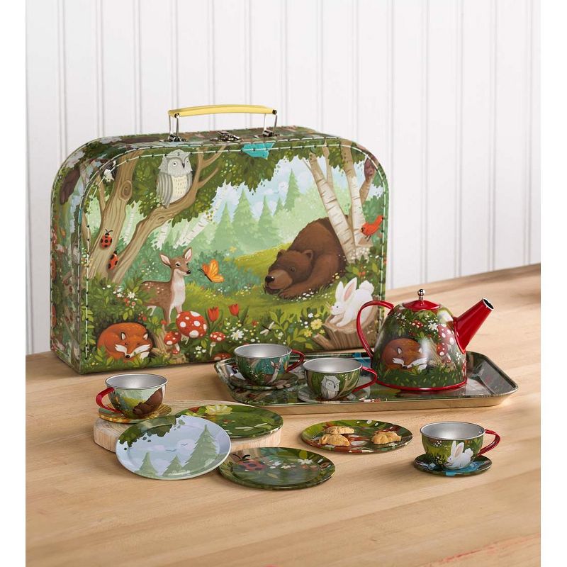 HearthSong 15-Piece Woodland-Themed Tin Tea Set with Carrying Case for Kids