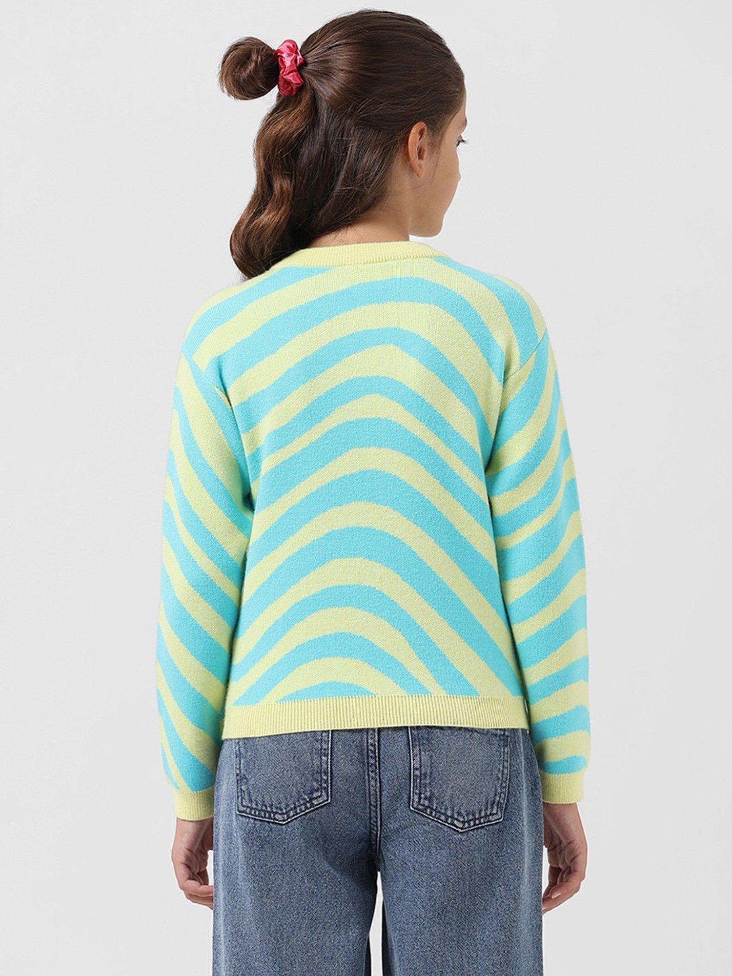 VERO MODA GIRL Blue & Green Printed Full Sleeves Sweater