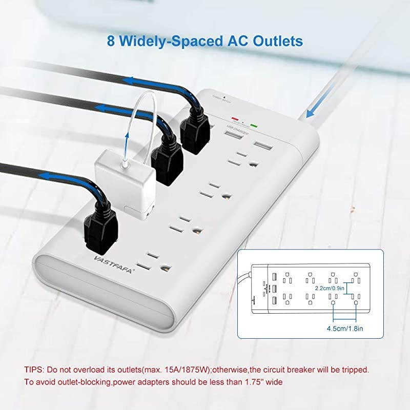 Power Strip with 3 USB Port,  Surge Protector 8-Outlet 4.5ft USB Charging Station, Wall Mount Heavy Duty Extension Cord, FCC ETL Listed, White