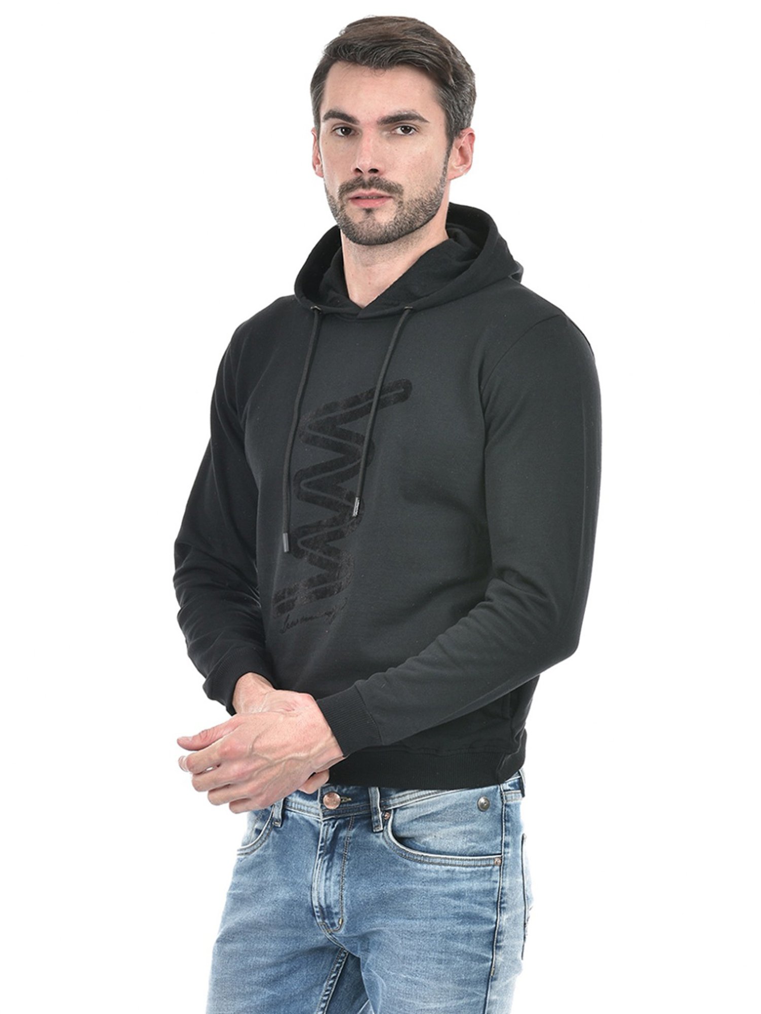 Lawman Black Cotton Regular Fit Printed Hooded Sweatshirts