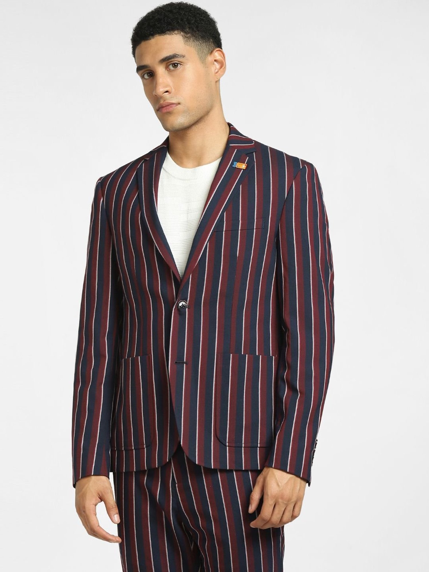 Jack & Jones Maroon & Blue Slim Fit Striped Blazers