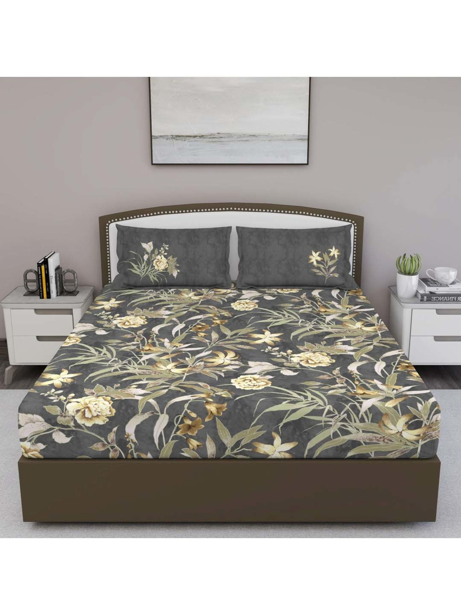 GM 'Serene' Grey & Yellow Cotton 210 TC Double Bedsheet with 2 Pillow Covers