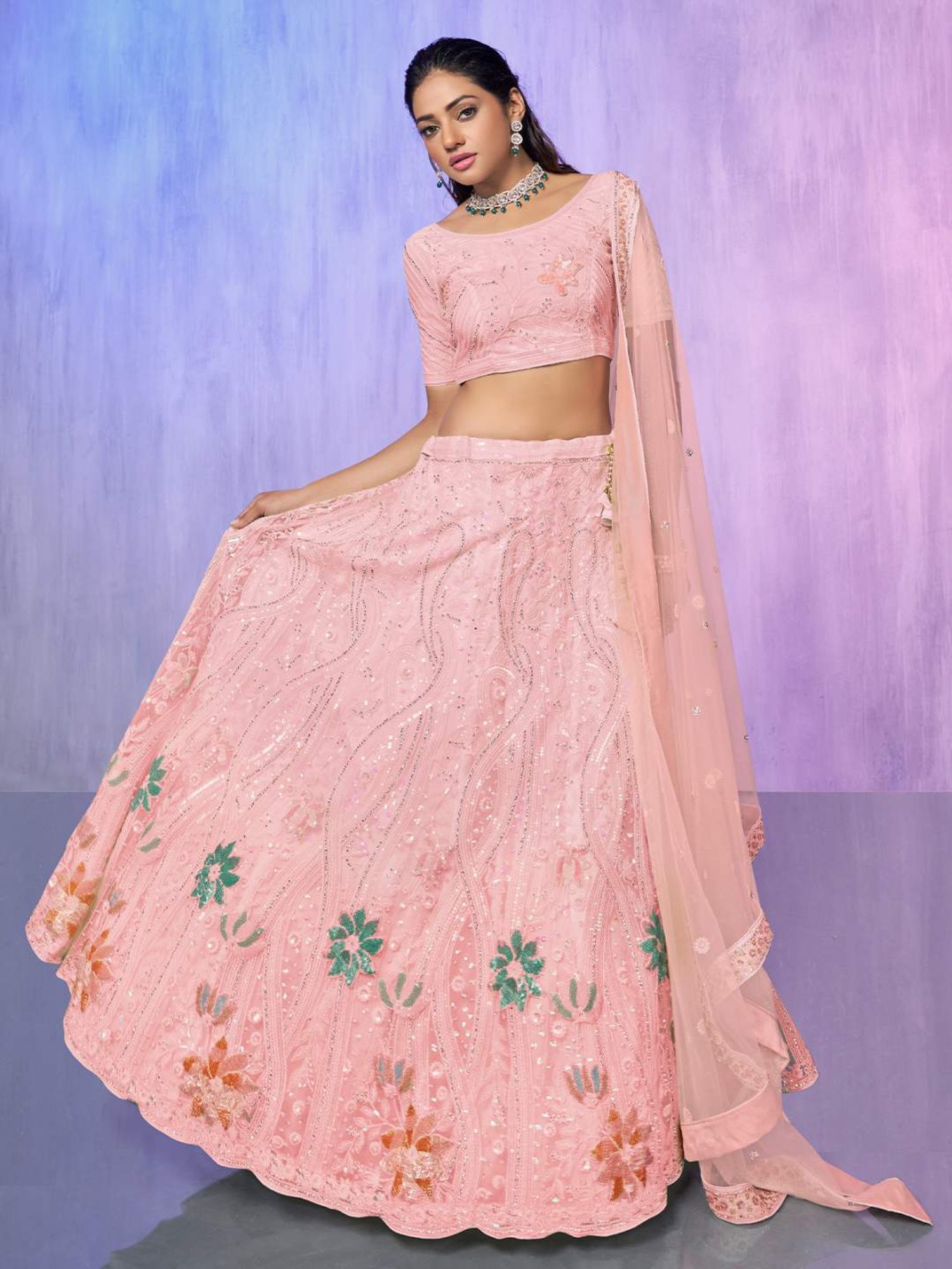 Odette Pink Embroidered Semi Stitched Lehenga Blouse Set With Dupatta